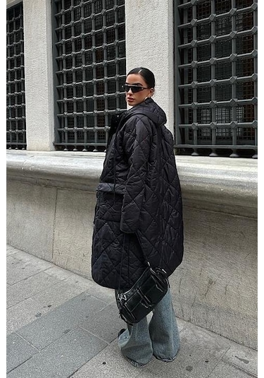 Munn Collection Fermuar Ve Kapşonlu Uzun Kapitone Mont 7062 Siyah