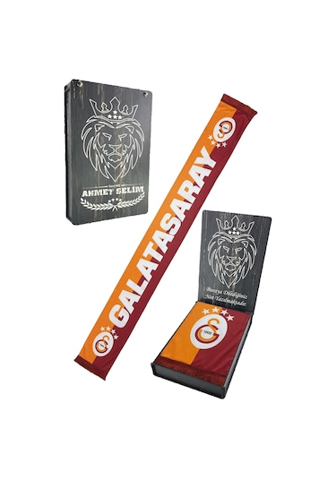 Galatasaray Şal Atkı Kişiye Özel Ahşap Kutulu Kırmızı Sarı