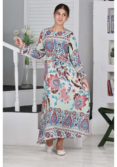 Kız Çocuk Viskon Kumaş Desenli Uzun Elbise Yeşil