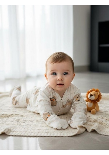 Zekids Bebek Pamuklu Eldivenli Üst Ve Patikli Altlı Pijama Takımı-16787 Bej