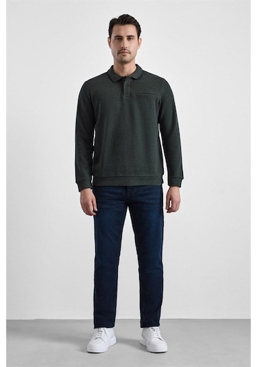 Süvari Haki Regular Düz Fermuarlı Polo Yaka Sweatshirt Sw2013700011-yh1