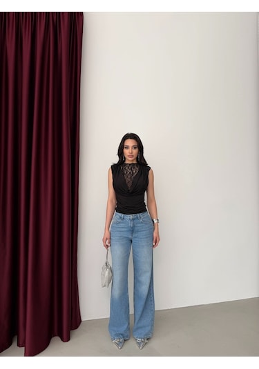 Elaxi Kadın Degaje Yaka Sıfır Kol Dantelli Sandy Bluz Siyah