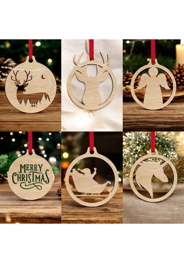 10 Parça Ahşap Yılbaşı Ağacı Süs Seti-2 Ortalama 6-8 Cm Noel Ağacı Süsü