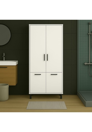 Çift Çamaşır Sepetli Banyo Dolabı Beyaz