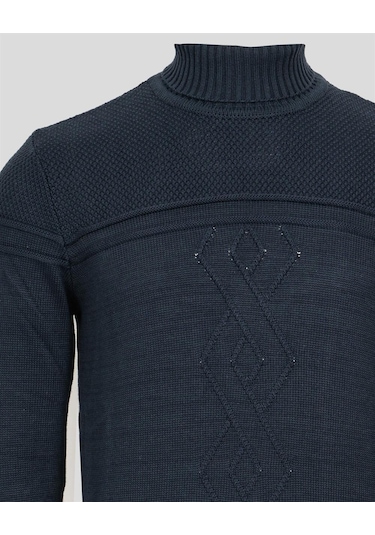 Erkek Tam Boğazlı Örgü Desenli Slim Fit Kazak Ncs Jeans 3659-Lacivert