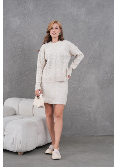 Kadın Bisiklet Yaka Saç Örgü Kazak Etek İkili Triko Takım Taş