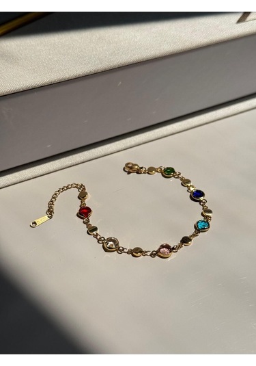 Renkli Taş Detaylı Altın Kaplama Bileklik Zarif Kadın Takı Çok Renkli