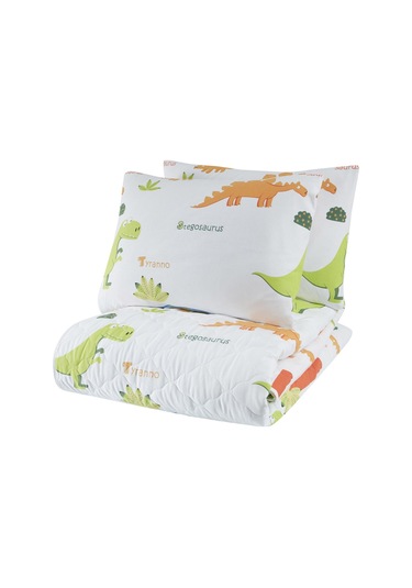 Eponj Home Enlora %100 Doğal Pamuk Kapitoneli Yatak Örtüsü Seti Çift Kişilik Dinolar Beyaz