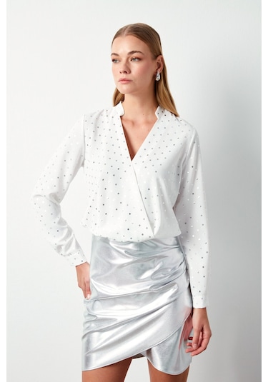 Sateen Parlak Puantiye Desenli Bluz - Ekru