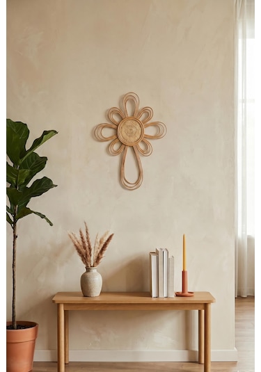 Doğal Rattan Güneş Duvar Dekoru - Bohem Çiçek Model Hasır Duvar Aksesuarı 55x77 Cm Krem