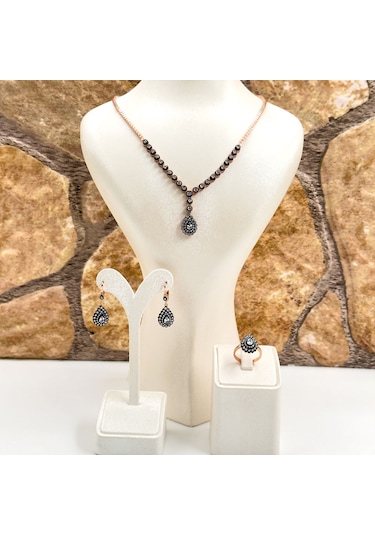 Elmas Montür Rosegold Damla Gümüş Set Takım - Lvrset11 Rose Gold