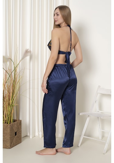 Nbb Kadın Lacivert Saten Büstiyer Gecelik Takım Lacivert