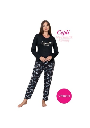 Kadın Bisiklet Yaka Düğmesiz Dökümlü Viskon Mevsimlik Uzun Kol Cepli Pijama Takımı Siyah