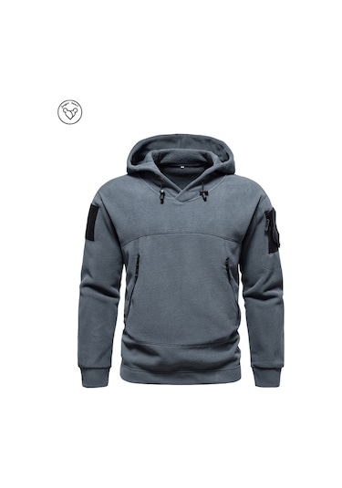 Erkek Sonbahar Ve Kış Dış Mekan Kapşonlu Polar Kazak Sweatshirt Koyu Gri