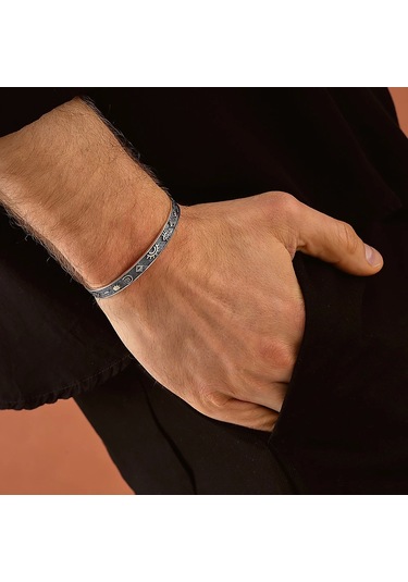 925 Ayar Gümüş Budizm Sembollü Unısex Kelepçe Bileklik Gümüş