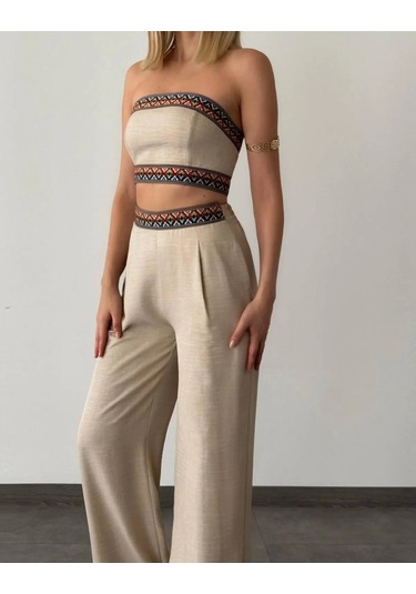 Aztek Motifli Şerit Korse Crop Cepli Lastikli Palazzo Pantolon Modern Etnik Yazlık Boho Keten Takım Bej Aztek Motifli Şerit Korse Crop Cepli Lastikli Palazzo Pantolon Modern Etnik Yazlık Boho Keten Takım Bej