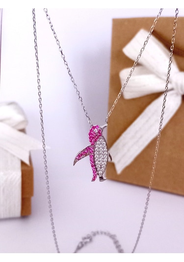 Gümüş Pembe Zirkon Taşlı Penguen Trend Kadın Kolye Öğretmenler