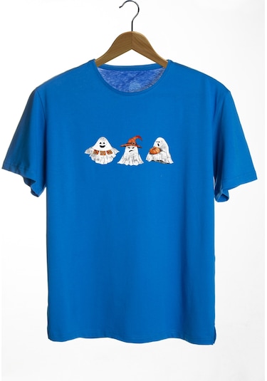 Unisex Mavi Bisiklet Yaka Önü Cadılar Bayramı Baskılı Oversize T-shirt Mavi