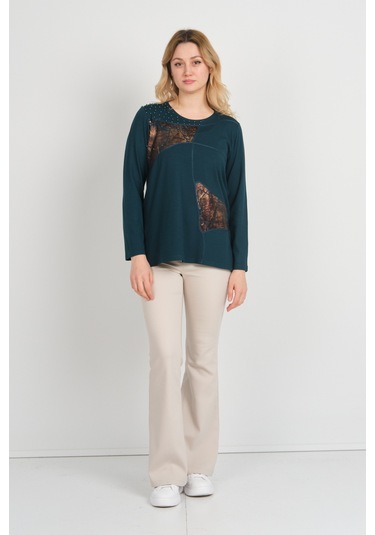 Detay Triko Kadın Boncuk İşlemeli Parlak Desenli Uzun Kol Anne Bluz 5744 Zümrüt Zümrüt