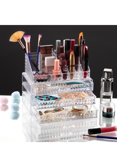 Vivart Diomand 3 Çekmeceli 1 Makyaj Kalemlik Makyaj Takı Seti Makyaj Kozmetik Düzenleyici Organizer Şeffaf Beyaz