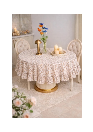 Fırfırlı Yuvarlak Masa Örtüsü Vintage 130 X 130 Cm Bej