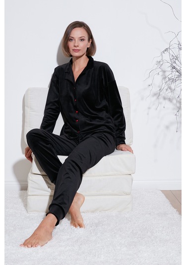 Lela Regular Fit Parlak Kadife Ribanalı Bayan Pijama Takımı 6097110 Siyah