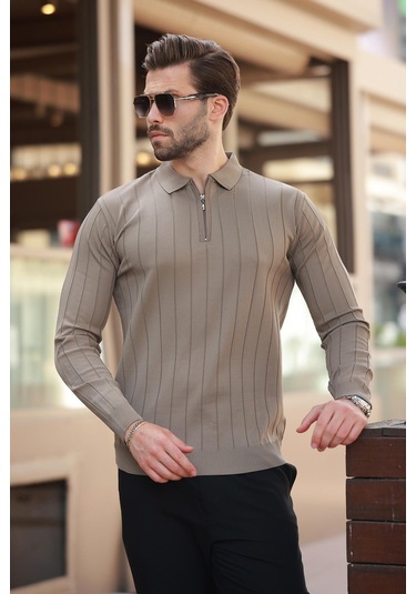 Açık Kahverengi Polo Yaka Fermuarlı Örme Kazak 7242 Açık Kahverengi