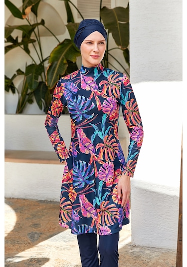 Likralı Tam Kapalı Tesettür Mayo Desenli 3108 Koyu Lacivert Koyulaci02 Koyu Lacivert