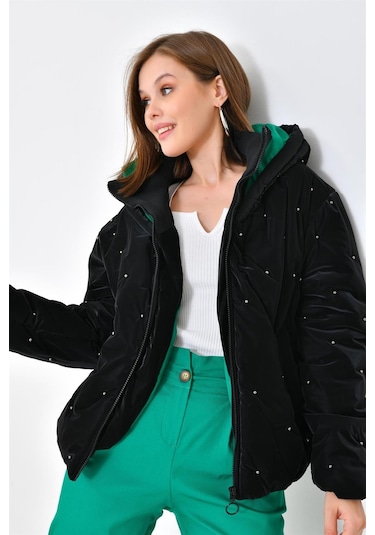 Ftz Women Kadın İnci Detaylı Mont Siyah Rbn4047-siyah Siyah