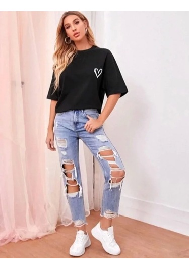 Bisiklet Yaka Baskılı Oversize T-shirt - Siyah
