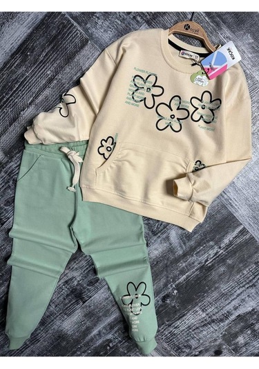 Çiçekli Kanguru Cepli Kız Çocuk 2'li Takım Yeşil