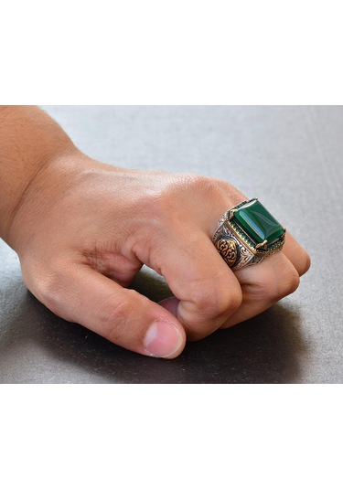 Doğal Yeşil Jade Taşı, Sterlin Gümüş Erkek Yüzük, Bizans İmparatorluğu Yüzüğü Gümüş