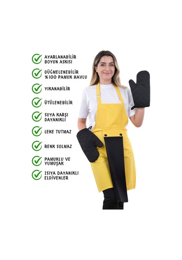 Star Ayar Askılı Havlulu 4lü Mutfak Önlüğü Seti 2 Eldiven Sarı-siyah-siyah