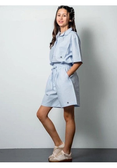 Kız Çocuk Yarım Kollu Gömlek Poplin Şortlu Takım-15809 Mavi