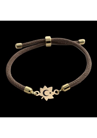 Türkiye Temalı Örgülü 14 Ayar Altın Plakalı Yaprak Figürlü Hediye Bileklik-331sembol-kahverengi Altın