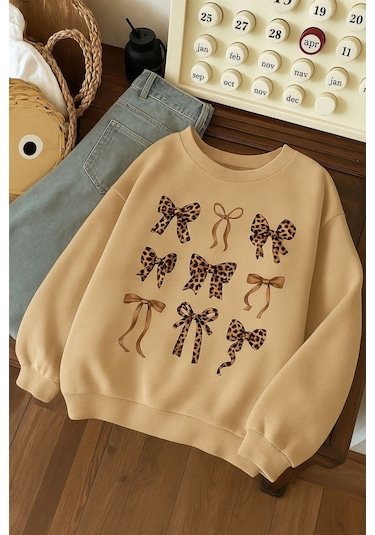 Benroma 3 İplik Penye Çilek Baskılı Unisex Sweatshırt Bej