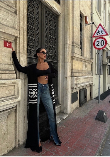 Lymens Jenna Püsküllü Uzun Hırka Siyah