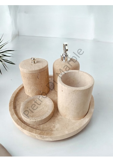 Sarı Traverten Klasik Model 5 Parça Gümüş Renk Düğme Aksesuarlı Banyo Seti Sarı Traverten