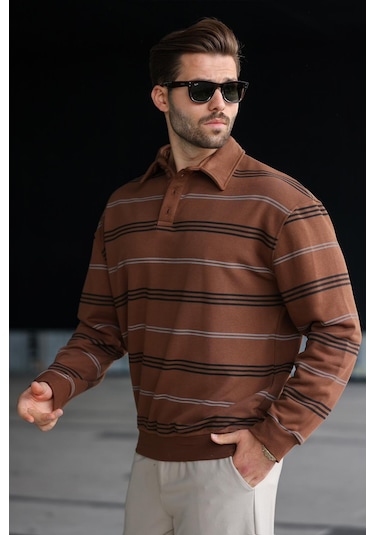 Madmext Kahverengi Çizgili Polo Yaka Erkek Sweatshirt E7172 Kahverengi