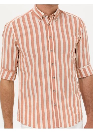 Cacharel Kiremit Slim Fit Uzun Kollu Çizgili Gömlek Kırmızı
