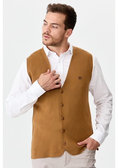 Erkek İnce Triko Düz Yelek Camel Camel