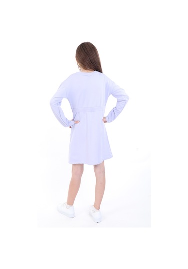 Toontoy Kız Çocuk Bel Kordon Geçişli Yazı Baskılı Elbise Mavi