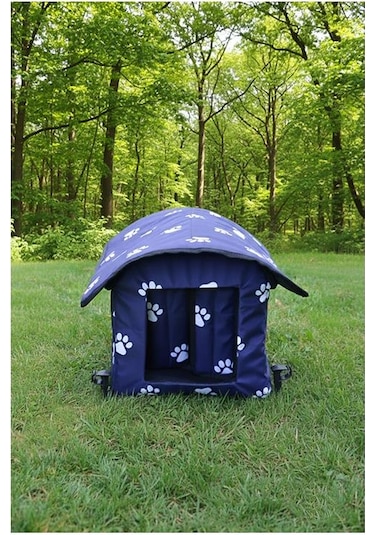 Yuga Pati Desenli Lacivert Kedi Evi Isı Ve Yağmur Korumalı