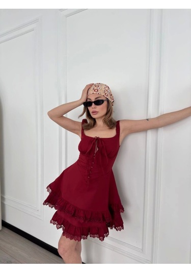 Tua Moda Mini Askılı Elbise - Bordo Bordo