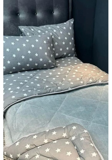 Tek Kişilik Lüx Çift Taraflı Pufidik Desenli Wellsoft Yorgan 155x215 + 1 Adet Yastık Kılıfı Açık Gri