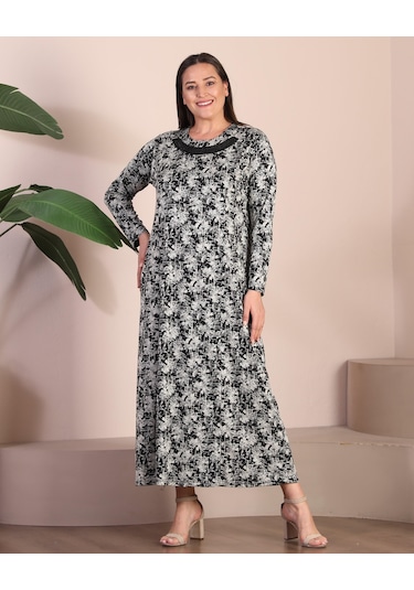 Kadin Tesettur Buyuk Beden Yakası Garnili Anne Elbise 001