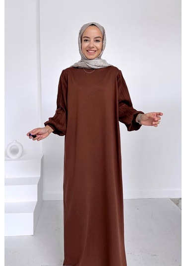 Balon Kol Merserize Elbise - Kahverengi