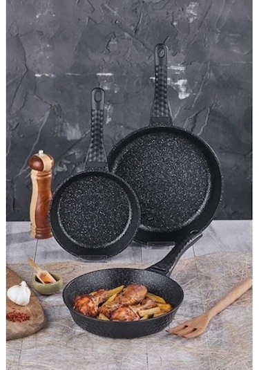 Leony 3 Parça Tava Seti 20 CM-24 CM-28 CM Siyah Döküm Granit Kaplama