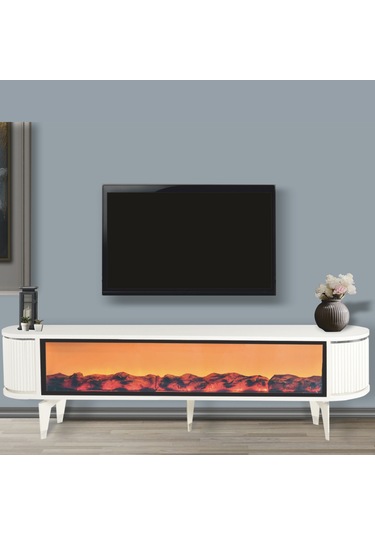 Talia Şömineli Tv Sehpası Beyaz Gümüş Mebran Bluetooth Hoparlörlü 7 Renk Efektli 160x40x50 Cm