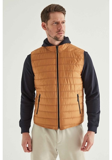 Ds Damat Regular Fit Safran Dik Yaka Elyaf Dolgulu Mevsimlik Fermuarlı Yelek Mont 7HF07ORT42611